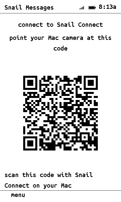 Snail Messages showing the QR for the Mac camera