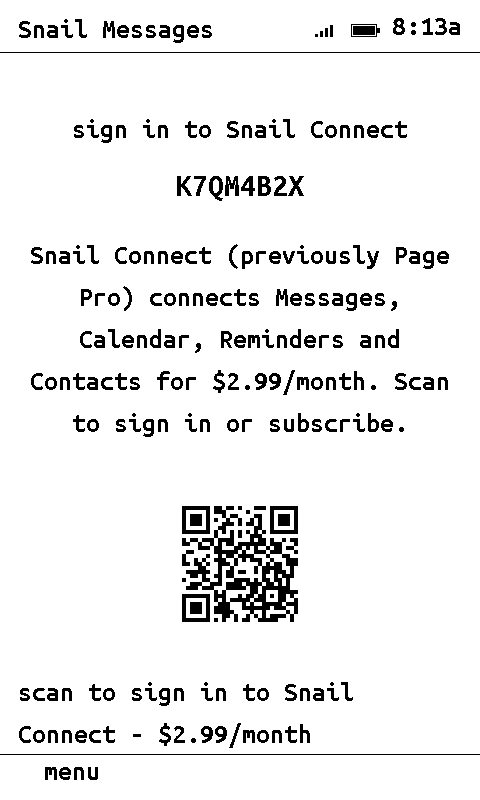 Snail Messages showing the sign-in code and QR
