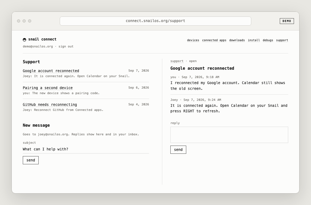 A demo Snail Connect support inbox with three threads, an open conversation with Joey, and a reply field.