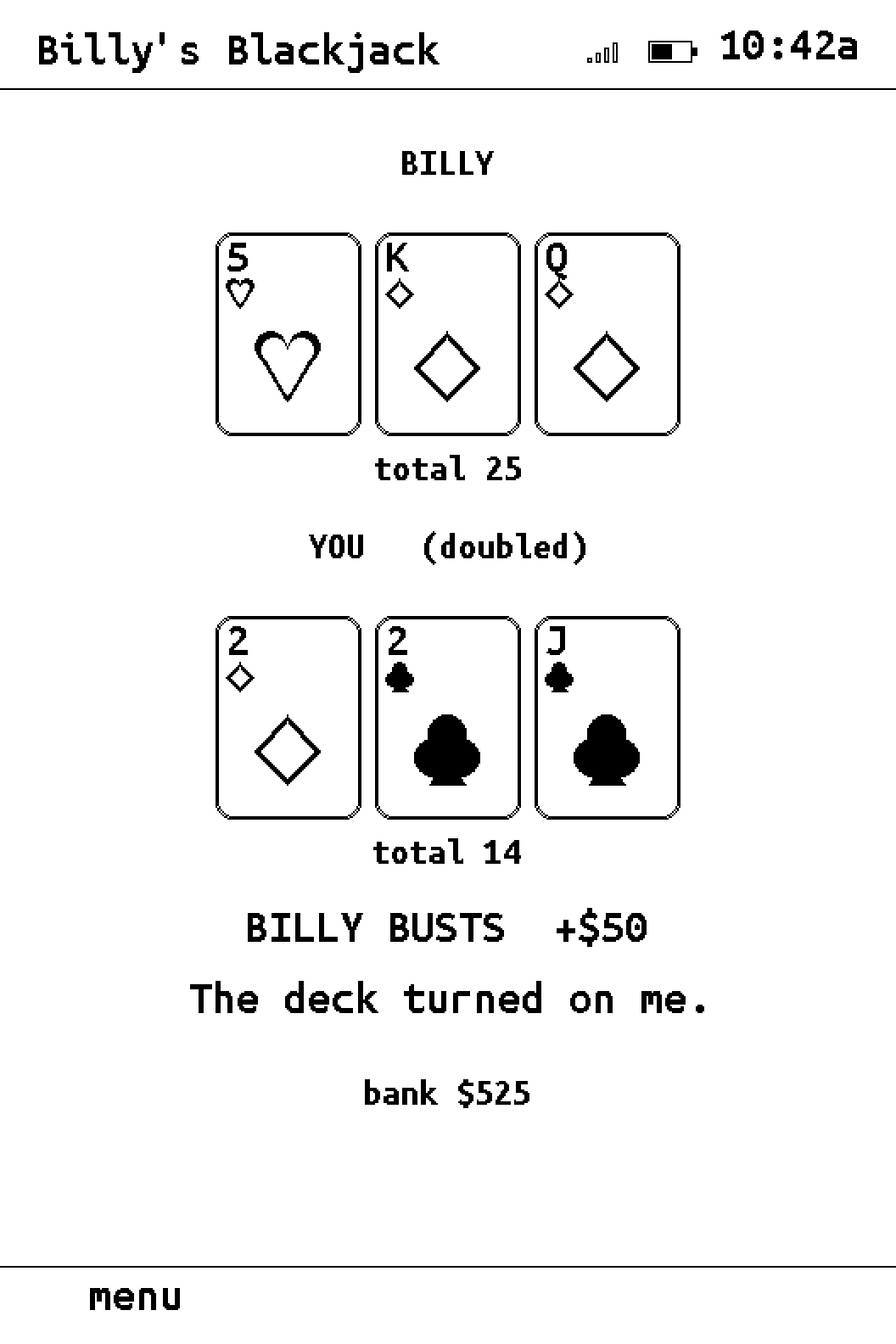 Billy's Blackjack after the dealer busts and the demo player wins a doubled hand.