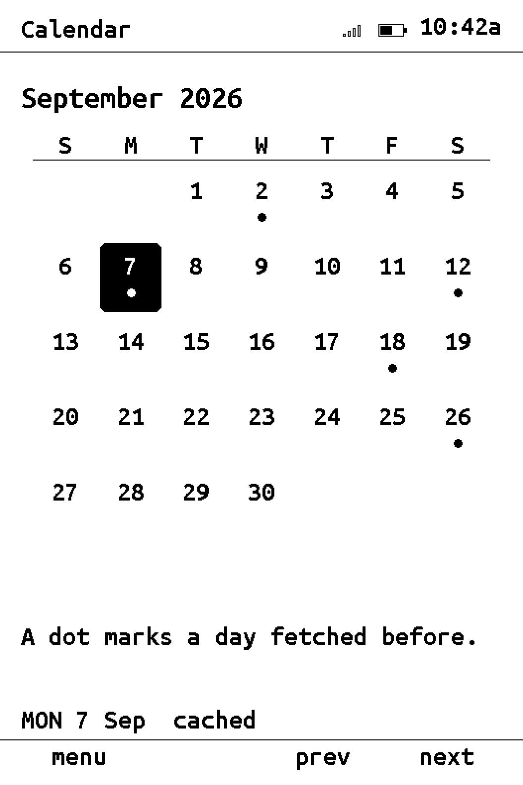 Snail Calendar showing September 2026 with demo events marked.