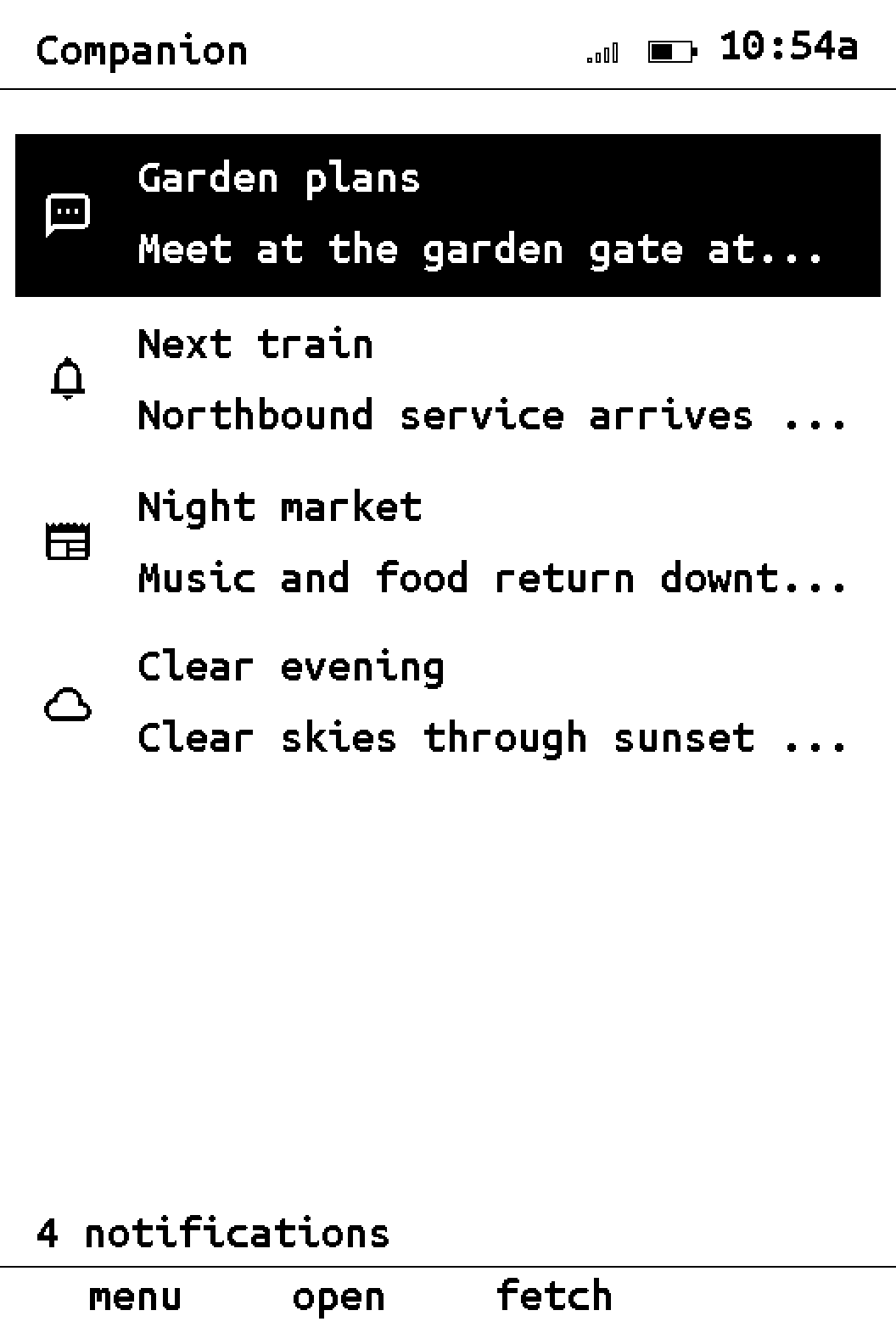 Four demo phone notifications on Snail Companion: garden plans, a train, a night market and weather.