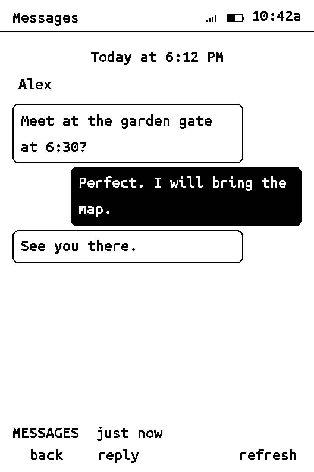 Snail Messages with a demo conversation about meeting at the garden gate.
