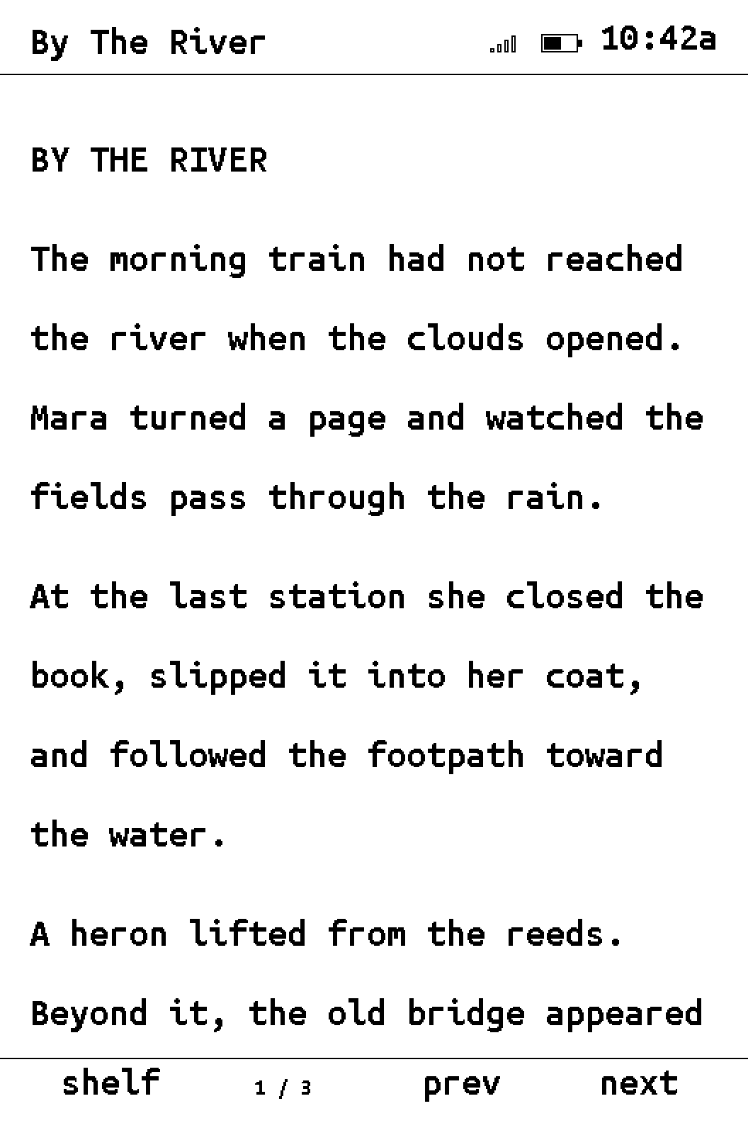 Snail Reader displaying the opening page of the demo story By the River.