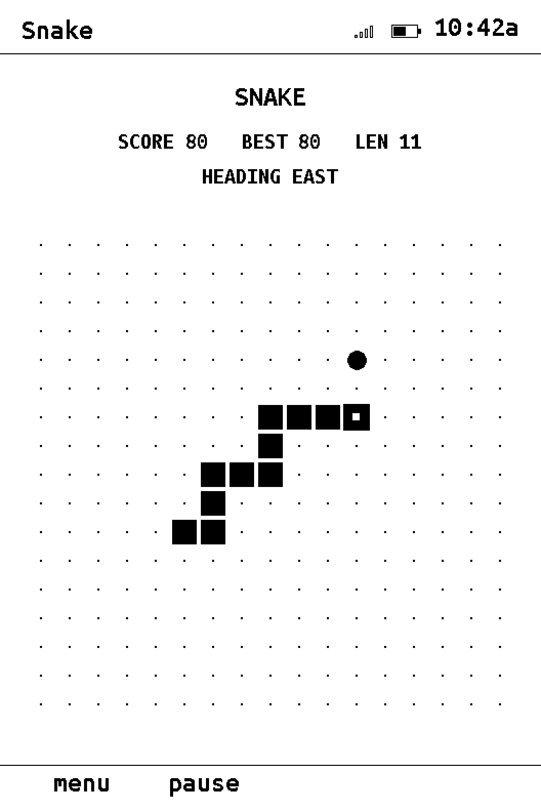 Snake on X3 with a score of 80 and a stair-step tail.