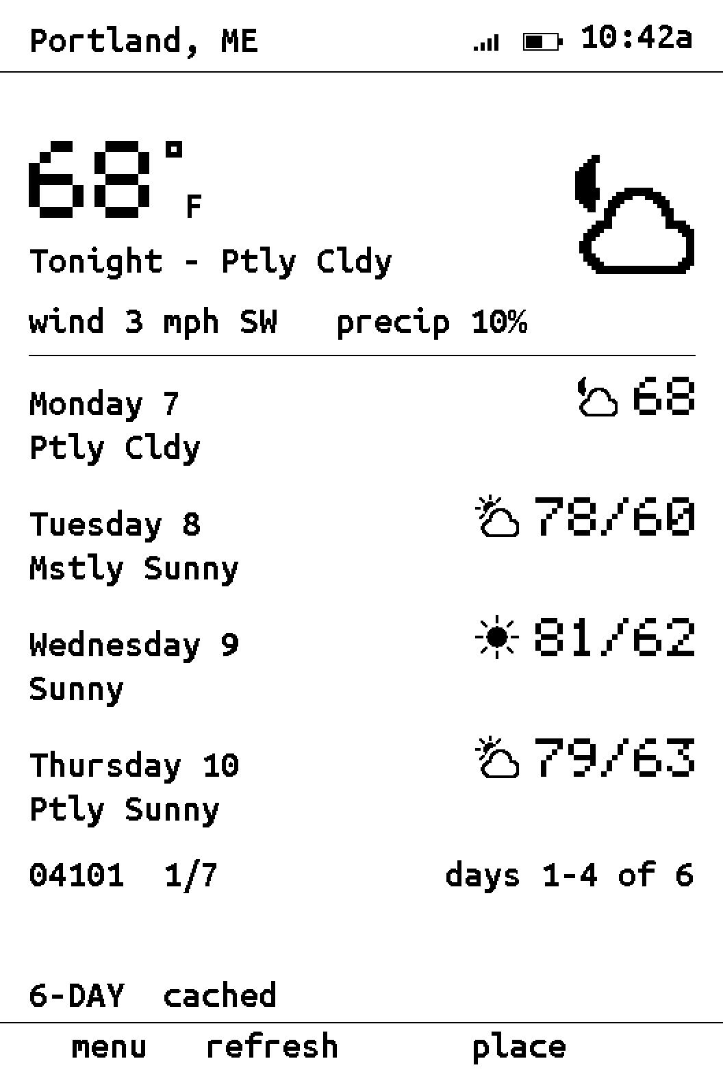 Snail Weather showing a demo six-day forecast for Portland, Maine.
